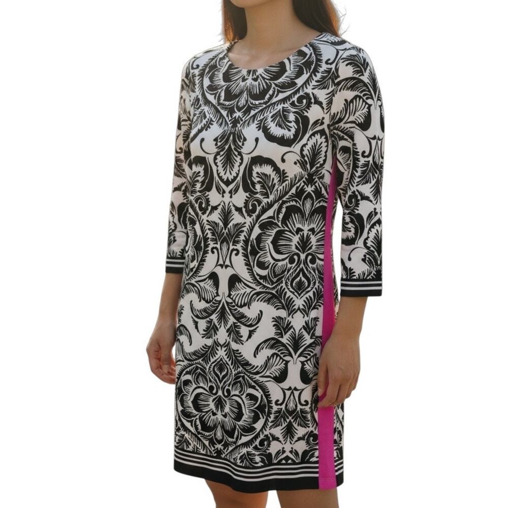 Eliza J Damask Print Shift Dress Size 14 Black White Exposed Zip Career Chic